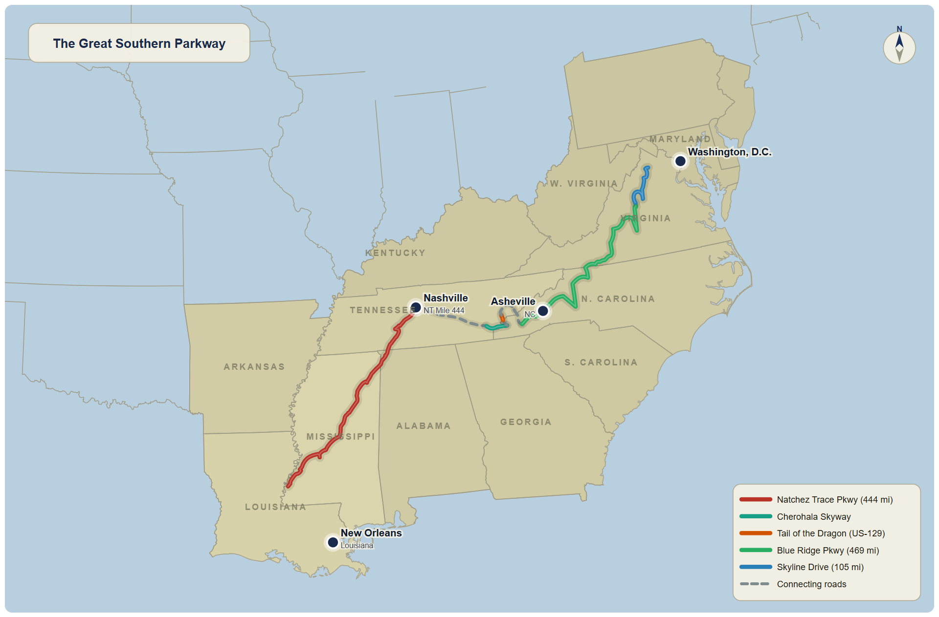 Simplified map of The Great Southern Parkway